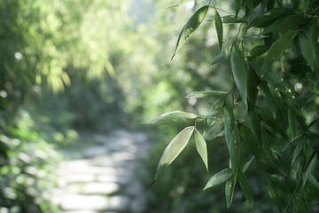 Poster - Lush green bamboo leaves along a stone pathway illuminated by playful sunlight : Generative AI