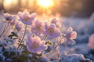 Poster - Radiant pink wildflowers glistening with frost as golden sunlight breaks through the winter chill : Generative AI