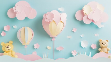 Poster - Whimsical pastel paper cutout of balloons, teddy bears, and playful clouds in a cheerful childrens theme Generative AI