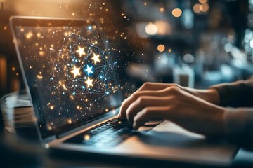 Leinwandbilder - Creative digital design concept showing a hand typing on a laptop with glowing network connections : Generative AI