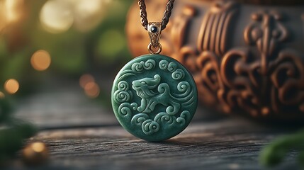 Poster - Intricate Green Jade Pendant Featuring Mythical Lion Carving and Elegant Design : Generative AI