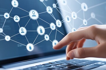 Fototapete - Close up of hand interacting with digital network connections on laptop showing social profiles and security symbols : Generative AI