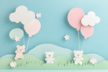 Poster - Cute pastel paper cutout with balloons and teddy bears creates a whimsical atmosphere for childrens decor and celebrations Generative AI