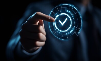 Leinwandbilder - Professional hand controlling a glowing digital check mark symbolizing confirmation and approval : Generative AI