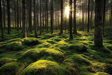 Poster - Breathtaking forest landscape with golden sunlight illuminating lush green moss and tall trees : Generative AI