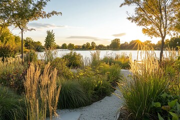 Poster - Stunning sunset view over a calm lake surrounded by colorful grass and lush trees in a park : Generative AI