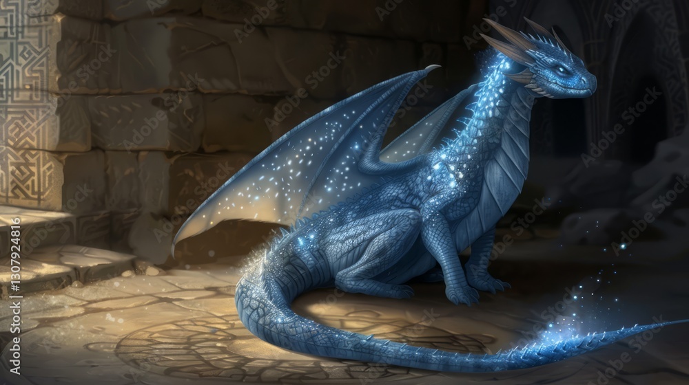 Arcane dragon with glowing runes etched into its scales, magical energy ...