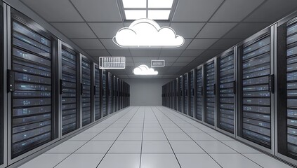 Aufkleber - Advanced cloud server room featuring sleek racks and digital displays illustrating modern computing power and efficiency : Generative AI