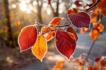 Poster - Vibrant Frosted Leaves Catching Morning Light with a Scenic Path in the Background : Generative AI