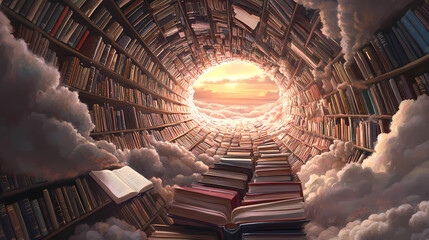 Wall Mural - a never-ending library of books stretching into the horizon, representing infinite knowledge, infini