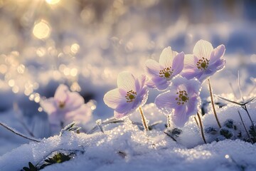 Poster - Delicate spring flowers emerge from glistening snow under warm sunlight in a serene nature setting : Generative AI