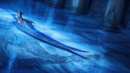 ornate blue fantasy sword on a marble floor.