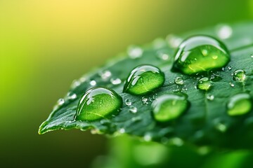Aufkleber - Close up view of raindrops resting on a vibrant green leaf showcasing nature's beauty and freshness : Generative AI