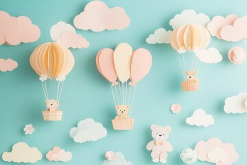 Poster - Whimsical pastel balloon and teddy bear cutout design for playful childrens decor Generative AI