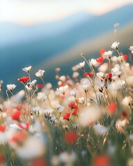 Poster - Soft focus of wildflower meadow showcasing red and white blossoms with beautiful blurred mountains in the distance : Generative AI