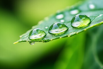 Poster - Glistening droplets on the edge of a green leaf reflecting the surrounding environment in vibrant hues : Generative AI