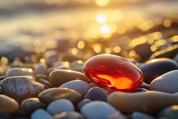 Aufkleber - Close up of a vibrant red stone resting on smooth pebbles by the water under warm golden light : Generative AI
