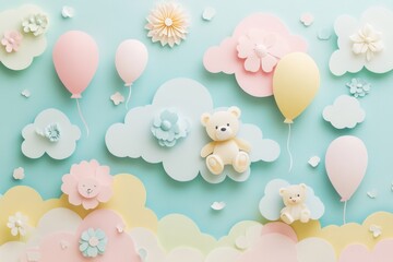 Poster - Whimsical pastel cutout display with balloons, teddy bears, and playful clouds creating a dreamy childrens theme Generative AI