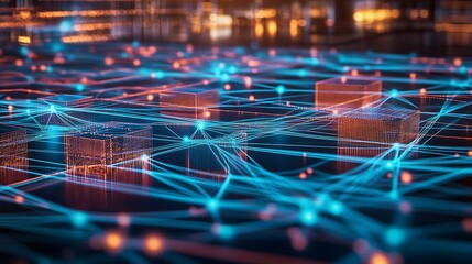 Fototapete - Futuristic digital network with glowing nodes and connected cubes representing data flow : Generative AI