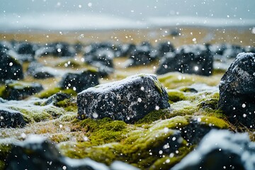 Poster - Scenic snow-covered rocky terrain showcasing lush green moss in a winter landscape : Generative AI