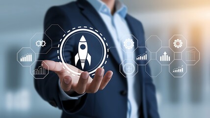 Wall Mural - businessman touch rocket launch investment growth, planning and starting corporate business start up
