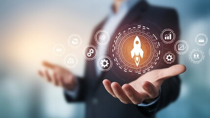 Wall Mural - businessman touch rocket launch investment growth, planning and starting corporate business start up