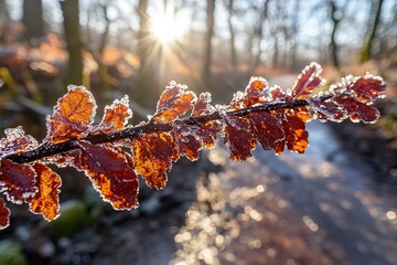 Poster - Stunning close up of frosted leaves sparkling in sunlight with a beautiful forest path creating a magical winter scene : Generative AI