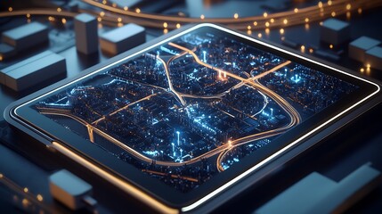 Poster - Digital representation of an urban area with illuminated roads and pathways shown on a tablet surface : Generative AI