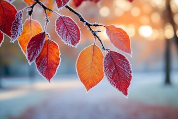 Poster - Beautiful Frosted Autumn Leaves with Vibrant Colors and Soft Morning Glow : Generative AI