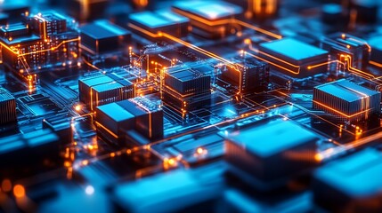 Aufkleber - Intricate layout of microprocessors and circuits displaying a blend of blue and orange in a futuristic environment : Generative AI