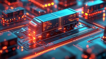 Leinwandbilder - Futuristic truck on a digital circuit board glowing with vibrant neon lights and technology : Generative AI