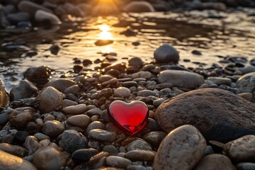 Poster - Charming red glass heart nestled among stones by the sparkling water at sunset : Generative AI
