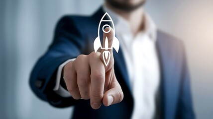 Wall Mural - businessman touching on rocket launch with up arrow, investment growth, planning and starting corpor