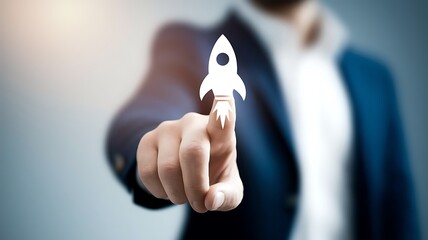 Wall Mural - businessman touching on rocket launch with up arrow, investment growth, planning and starting corpor
