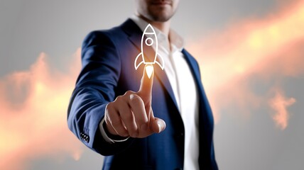 Wall Mural - businessman touching on rocket launch with up arrow, investment growth, planning and starting corpor