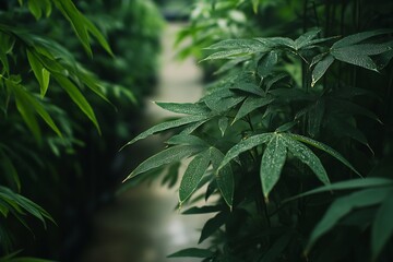Aufkleber - Close-up of vibrant bamboo leaves glistening with morning dew in a lush environment : Generative AI