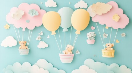 Poster - Whimsical paper cutout playground featuring teddy bears floating among colorful balloons and clouds in soft pastels Generative AI
