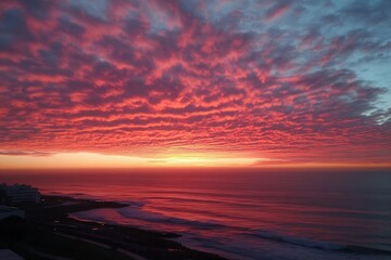 Poster - Stunning sunset sky filled with vibrant clouds and calm ocean reflecting the evening hues : Generative AI