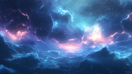 Wall Mural - Galactic ocean with shimmering celestial patterns and radiant stardust illuminating the universe. galactic ocean glow. illustration. Shimmering - Waterfall. Illustration