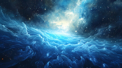 Wall Mural - Galactic ocean with shimmering celestial patterns and radiant stardust illuminating the universe. galactic ocean glow. illustration. Shimmering - Waterfall. Illustration