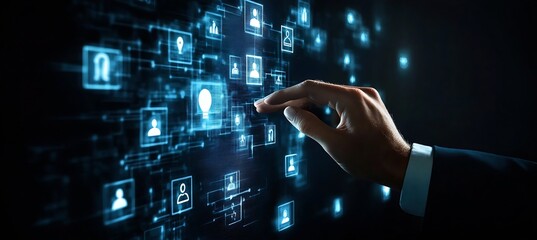 Fototapete - Hand Reaching for Digital Interface with Multiple Icons and Data Connections in a Dark Space : Generative AI