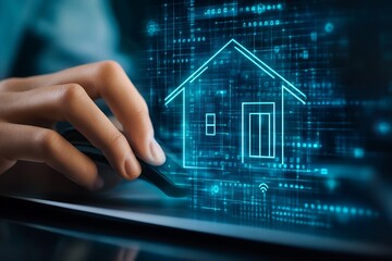 Fototapete - Close-up of a hand navigating a smart home interface featuring a house symbol on a computer screen : Generative AI