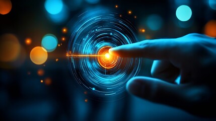 Fototapete - A hand reaching toward a glowing digital interface depicting futuristic technology and vibrant colors : Generative AI