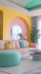 Poster - Charming Living Room with Soft Pastel Colors and Cozy Furniture Arrangement : Generative AI