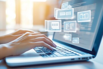 Fototapete - Person Typing on Laptop with Digital Data Interface Representing Information Management : Generative AI