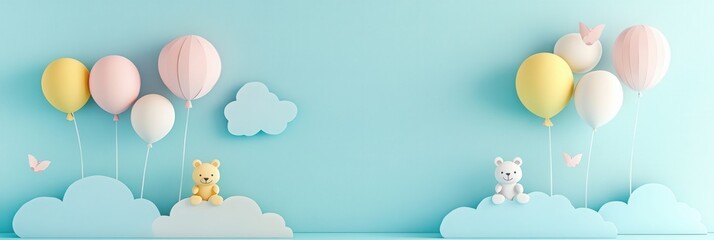 Poster - Whimsical paper cutout scene featuring clouds, balloons, and teddy bears in pastel colors for playful childrens decor Generative AI