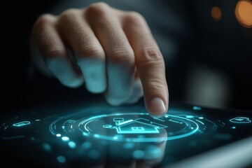 Leinwandbilder - Engaged hand touching a tablet demonstrating advanced home icons illustrating real estate digital solutions : Generative AI