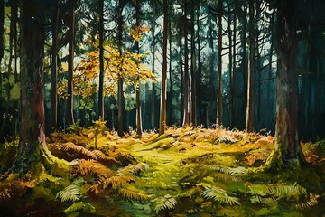 Poster - Artistic representation of a shaded forest glen filled with autumn colors and golden sunlight : Generative AI
