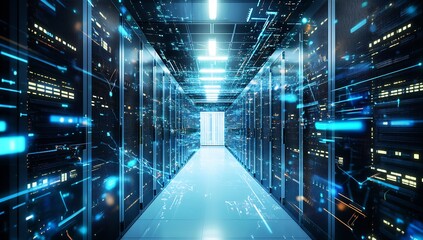 Aufkleber - Illuminated Data Center Passageway with Blue Light Trails Leading to a Digital Future : Generative AI