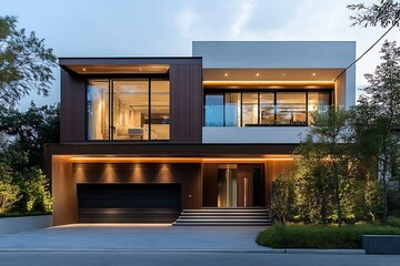 Poster - Stunning modern house with a stylish facade and illuminated entryway set in a tranquil environment at dusk : Generative AI